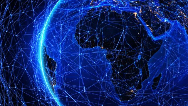Rotating Earth with bright connections forming a world network. Africa. This video can be used to represent concepts like technology, social network, communication, air and sea transport