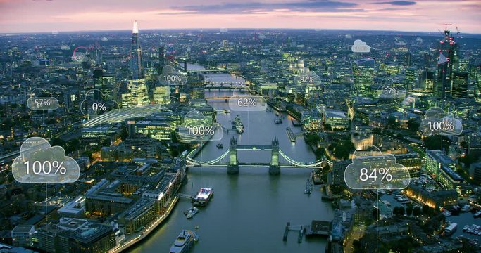 Futuristic aerial view of London. Smart city. Network connections and cloud computing icons with percentages. Technology concept, data communication, artificial intelligence, internet of things. RED8K