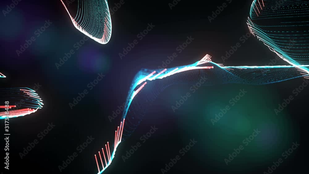 Poster Abstract particles wave digital footage. Motion background with depth of field.