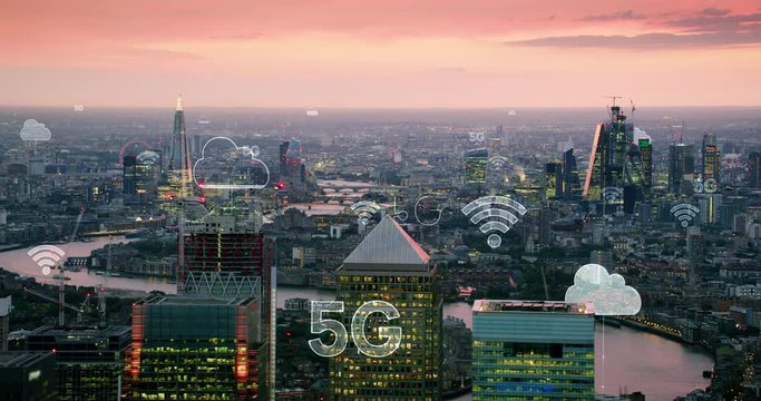 Futuristic city connected through 5G. High tech vision of London. Wireless network, mobile technology concept, data communication, cloud computing, artificial intelligence, internet of things. England
