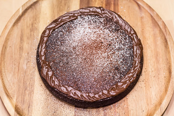 Overhead view of gluten free flourless chocolate cake