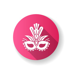 Masquerade mask pink flat design long shadow glyph icon. Traditional headwear with plumage. Ethnic festival. National holiday parade. Silhouette RGB color illustration