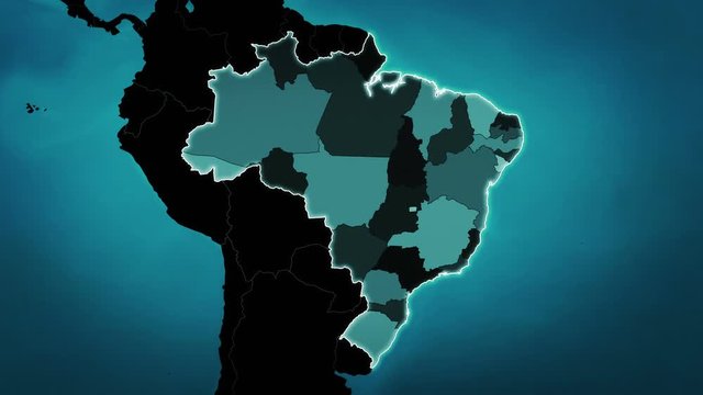 Highly detailed map of Brazil showing the states, airports and routes. Blue. 