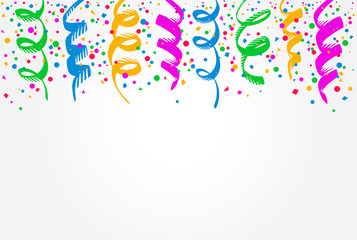 White background with colorful streamers hanging on top