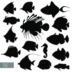 most popular sea fishes silhouettes. Set 1. Vector illustration © Diana