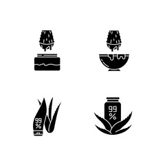 Aloe vera black glyph icons set on white space. Juice from cut succulent leaf. Liquid from sliced cactus thorn. Pure plant based cosmetic products. Silhouette symbols. Vector isolated illustration