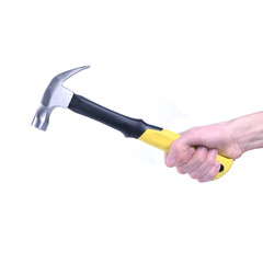 Hand holds hammer isolated on white background