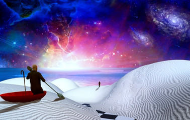 Escape from reality. Man in red umbrella floating on white desert. Figure of man in a distance. Ocean at the horizon. Starry sky