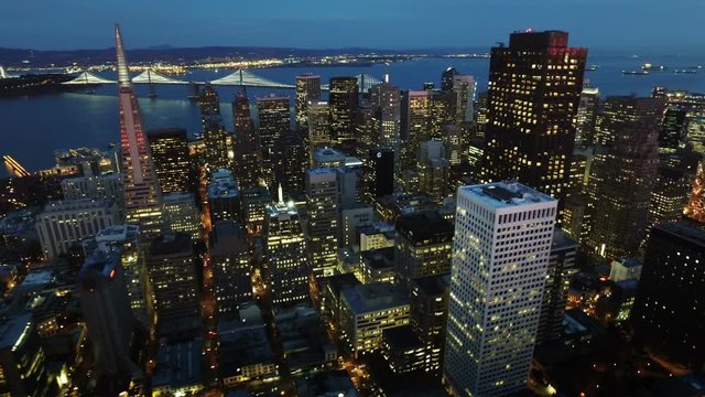 San Francisco skyline. Financial District at dusk. Aerial view. California, United States. Shot from helicopter. 