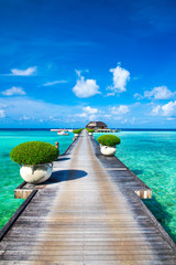 Maldives water bungalows resort at islands beach. Indian Ocean, Maldives. Beautiful sea landscape,...