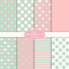 Cute pattern set. Hearts background. Vector.
