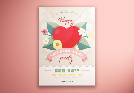 Valentine'S Day Party Flyer Layout with Heart and Flower Illustrations