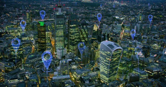 Aerial smart city. Localization icons in a connected futuristic city.  Technology concept, data communication, artificial intelligence, internet of things. London skyline.