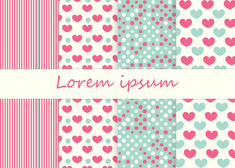 Cute pattern set. Hearts background. Vector.