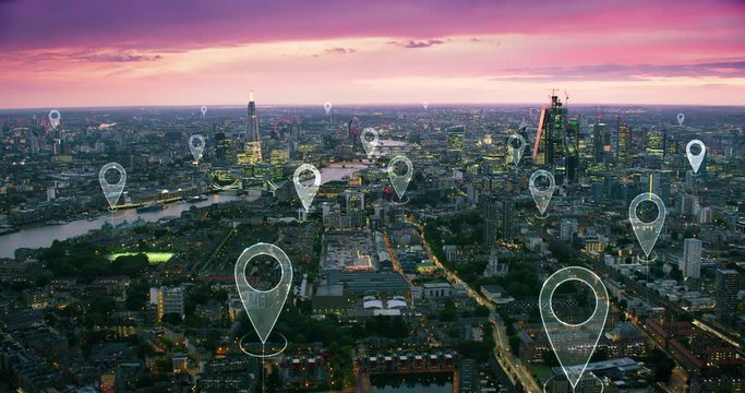 Localization icons in a connected city. Aerial futuristic view of London skyline. Technology concept, data communication, artificial intelligence, internet of things, smart city. England.