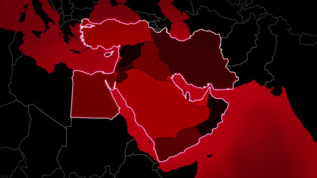 Highly detailed map of the Middle East region, showing the countries, airports and routes. Red.