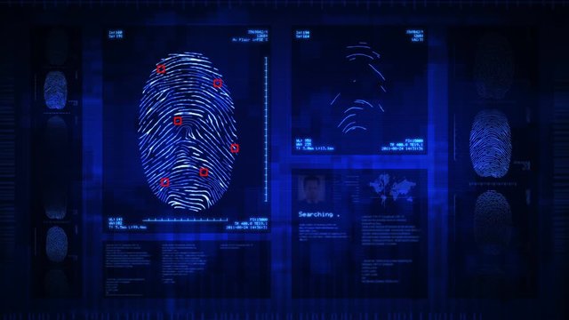 Fingerprint security interface. Scanner searching and analyzing various fingerprints in a database. Technology verification and authentication. Blue.