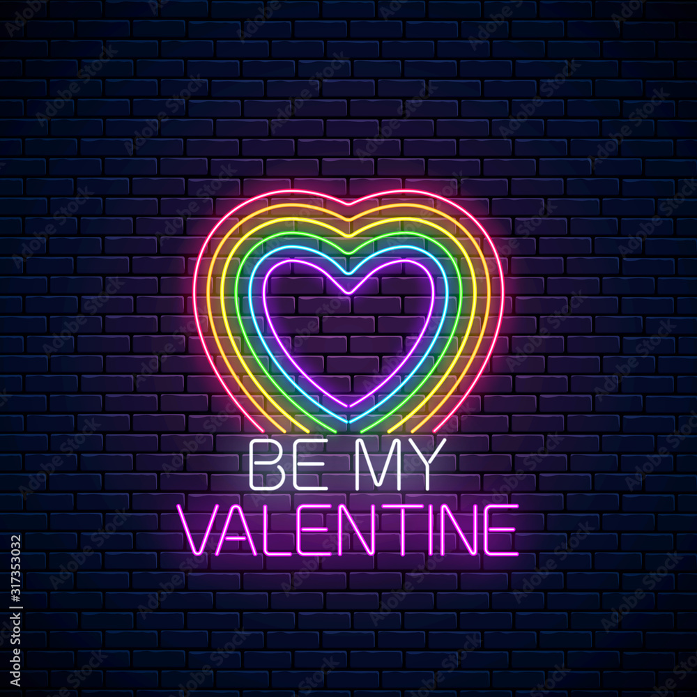 Wall mural Valentines day sign with lgbt colors heart shape in neon style. Vector valentine day greeting card in neon style