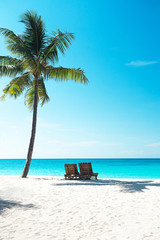 Obraz na płótnie Canvas Panoramic view of a beautiful sunny day on sandy beach on exotic island.