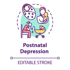 Postnatal depression concept icon. Postpartum depression. PPD. Stressed young mother. Mood disorder idea thin line illustration. Vector isolated outline RGB color drawing. Editable stroke