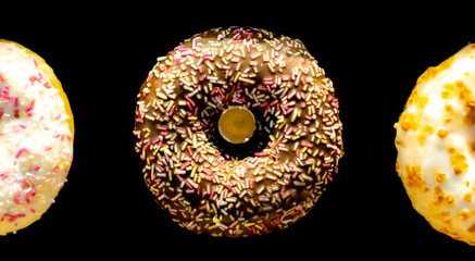 abstract black background of colored donuts, sweet dessert