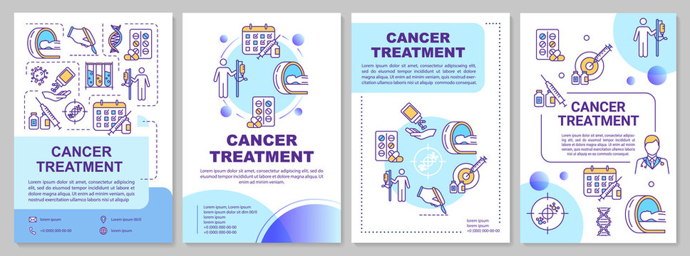 Cancer treatment brochure template. Chemotherapy. Flyer, booklet, leaflet print, cover design with linear icons. Oncology drug therapy. Vector layouts for magazines, reports, advertising posters