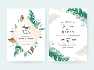 Set of cards with floral decoration. Greenery wedding invitation template design of tropical leaves. Botanic illustration for save the date, event, cover, poster vector