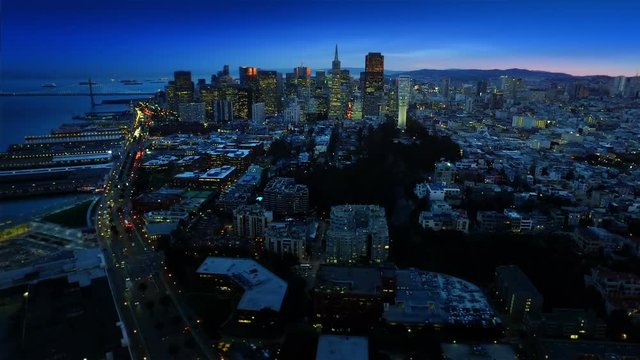 San Francisco skyline. Financial District at dusk. Aerial view. California, United States. Shot from helicopter.