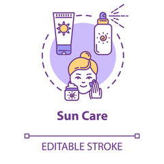 Sun care, sunscreens concept icon. Sun protection, facial skin care, sunblock cosmetics, spray and cream idea thin line illustration. Vector isolated outline RGB color drawing. Editable stroke