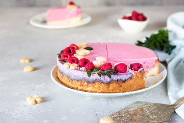 Piece of raspberry cream mousse cake (no baked cheesecake) decorated with fresh raspberries, mini cookies and coconut flakes on light grey background.