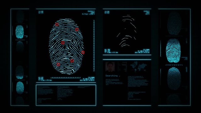 Fingerprint security interface. Scanner searching and analyzing several fingerprints in a database. Technology verification and authentication. Blue. 