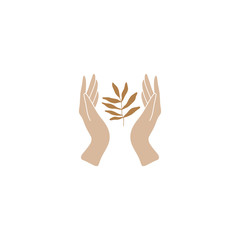 Flat human hands holding gold branch. Urban jungle, ecology, vegan concept. Green life and ecology subject. Good for t-shirt prints, logos, advertising banners. Vector illustration.