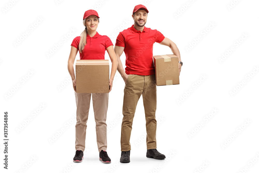 Sticker Delivery male and female in uniforms holding packages