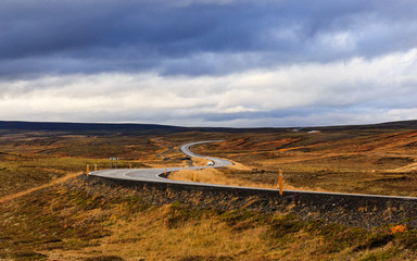 Obraz premium Road through the Iceland volcanic landscape leading in to the horizon.