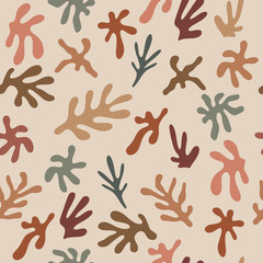 Modern abstract terracotta trendy seamless pattern with random floral leaves different shapes. Tropical monstera silhouettes in warm pastel natural earthy color palette. Beige, brown, dark green and m