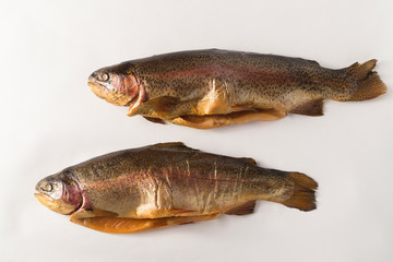 Cold smoked rainbow trout on a white background