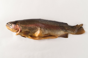 Cold smoked rainbow trout on a white background