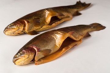 Cold smoked rainbow trout on a white background