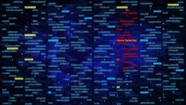 Binary data code animation showing warning messages in a virtual environment. Security breach concept, warning texts in a virtual environment.  System hacked. Virus and malware detected. Frontal-blue.