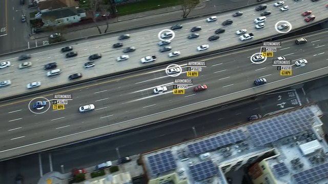 Driverless or autonomous car aerial view. Traffic passing by a highway. Plate number, miles per hour and ID number displaying. Future transportation. Artificial intelligence. Self driving.
