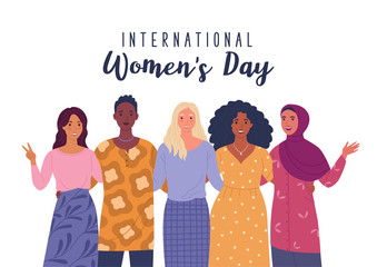 International Women's Day. Vector illustration of four happy smiling diverse women standing together. Isolated on white