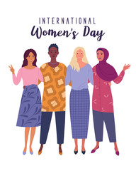 International Women's Day. Vector illustration of four happy smiling diverse women standing together. Isolated on white
