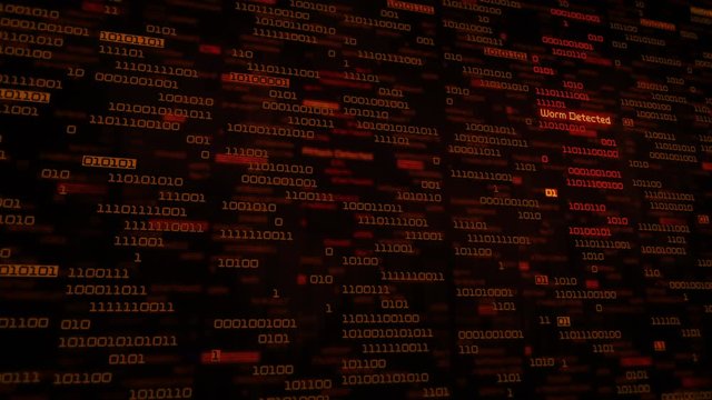 Binary data code animation showing warning messages in a virtual environment. Security breach concept, warning texts in a virtual environment.  System hacked. Virus and malware detected.