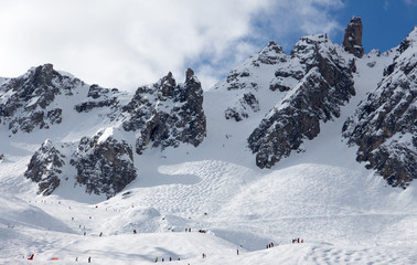 Pic de Saulire courchevel cabin station view grand couloir black slope sunset snowy mountain landscape France alpes