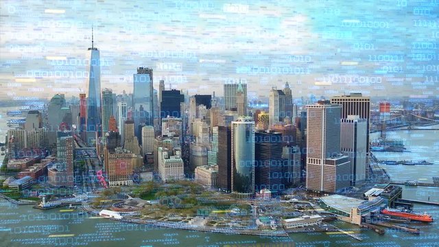 Big data over New York aerial shot. Futuristic city where every building, appliance, device and person is connected, forming a computer network  Perfect to illustrate: internet of things, smart cities