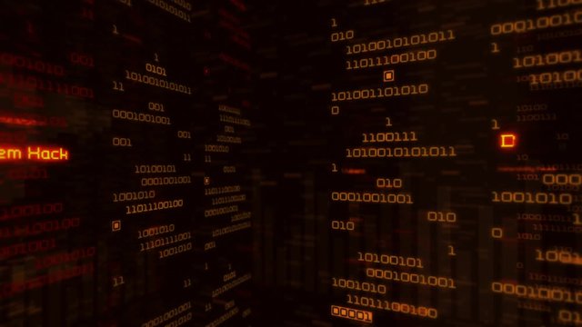 Binary data code animation showing warning messages in a virtual environment. Security breach concept, warning texts in a virtual environment.  System hacked. Virus and malware detected.