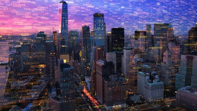 Big data over New York. Futuristic city where every building, home appliance, device and person is connected, forming a computer network.  Perfect to illustrate: internet of things, smart  cities.
