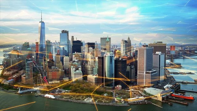 Aerial view of New York with big data network  Technology. Futuristic. Perfect to illustrate: internet of things, Smart cities, big data, augmented reality.  Shot from helicopter.