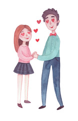 Watercolor illustration of a couple in love. Full-length characters on a white background,isolated. Can be used for postcards, posters, textiles, logo. Valentine's Day cute family