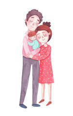 Newborn Parents holding baby. .A newborn baby sleeps in his fatherâ€™s arms. The wife hugs her husband. Peaceful faces of family members. Watercolor illustration